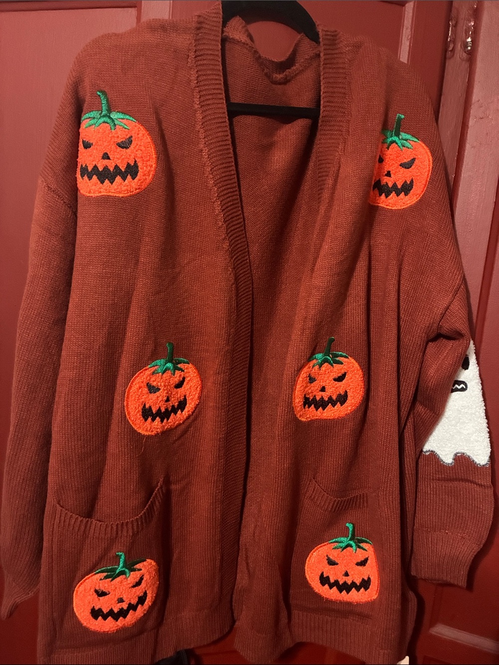 BloomChic Rust Pumpkin Patch Open-Front Cardigan with Embroidered Pumpkins